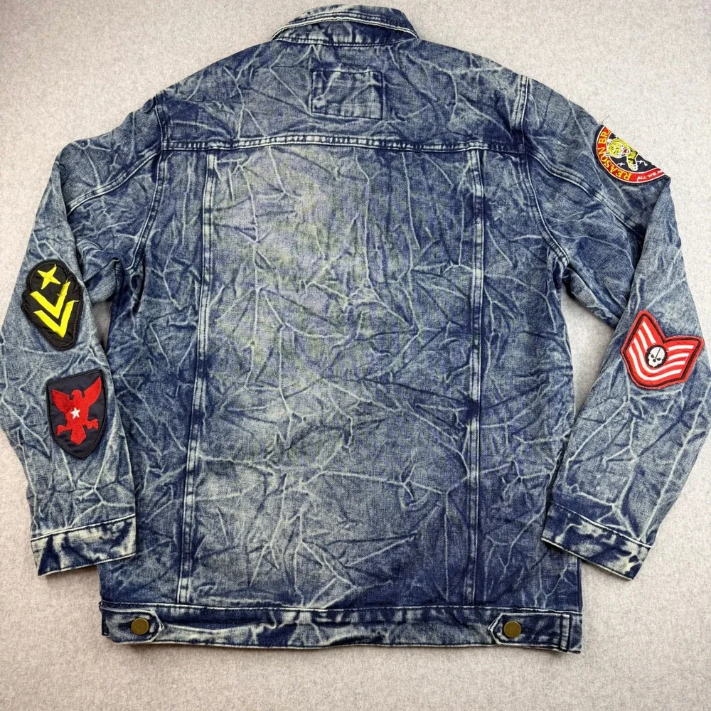 NovaMen Mens Acid Wash Denim Trucker Jacket Multi Patch Blue XL DN-21-FN